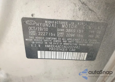 2010 Hyundai Elantra Gls z USA, uszkodzony, nr VIN KMHDU4AD2AU202441